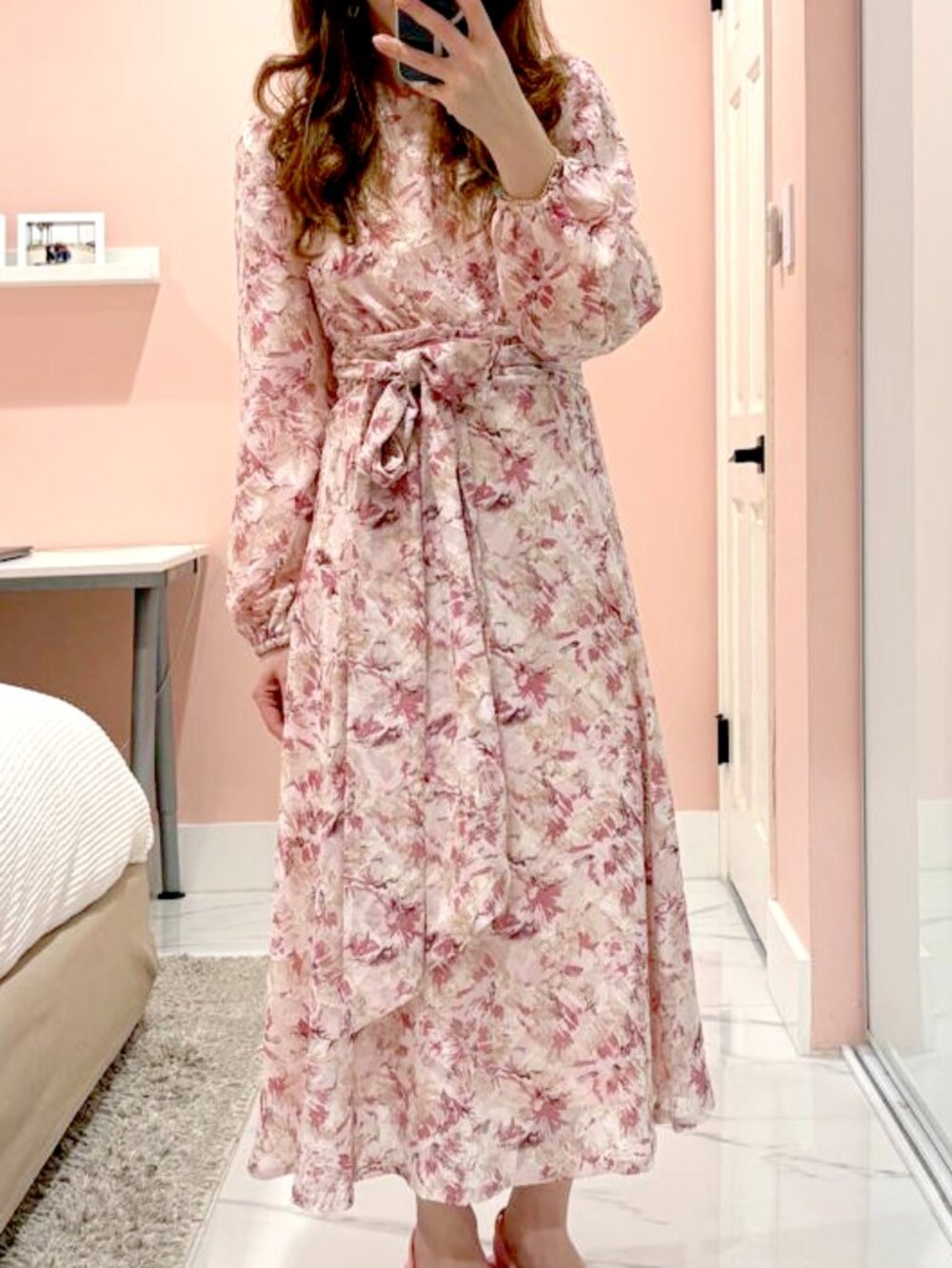 Adina Las Vegas Pink Floral Long Sleeve Midi Dress With Reversible Belt